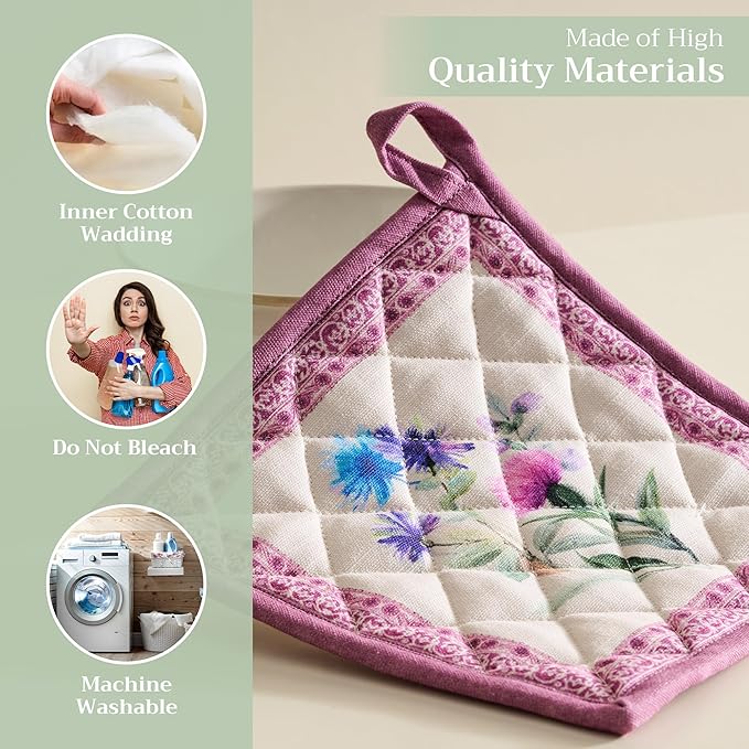 Maison d' Hermine Pot Holders 100% Cotton Heat Resistant Potholders 8" x 8" Hot Pads with Loop BBQ, Cooking, Baking, Grilling, Kitchen, Handling Hot Pans Spring/Summer (Pack of 1, Chardon)