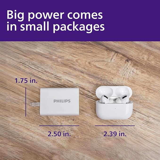 Philips iPhone Charger Fast Charging 65W USB C Charger 3-Port GaN USB C | Charger Block with USB A and USB C Foldable Fast Wall Charger for iPhone 16 Series 15 Series iPad Pro White DLP3653W/37