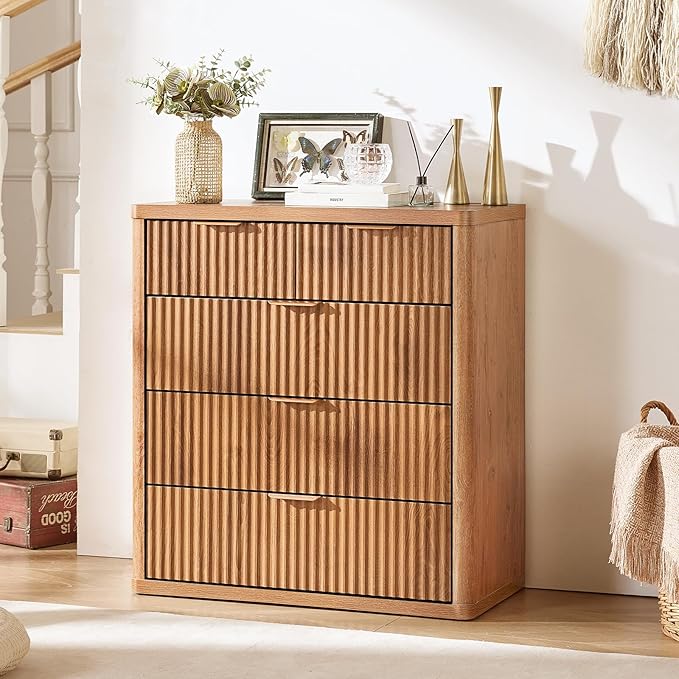 LEYAOYAO Fluted 5 Drawers Dresser for Bedroom Set of 2, 34" Tall Modern Chest of Drawers with Metal Handle, Curved Profile Design,Brown Wood Drawer Organizer for Bedroom, Living Room, Hallway