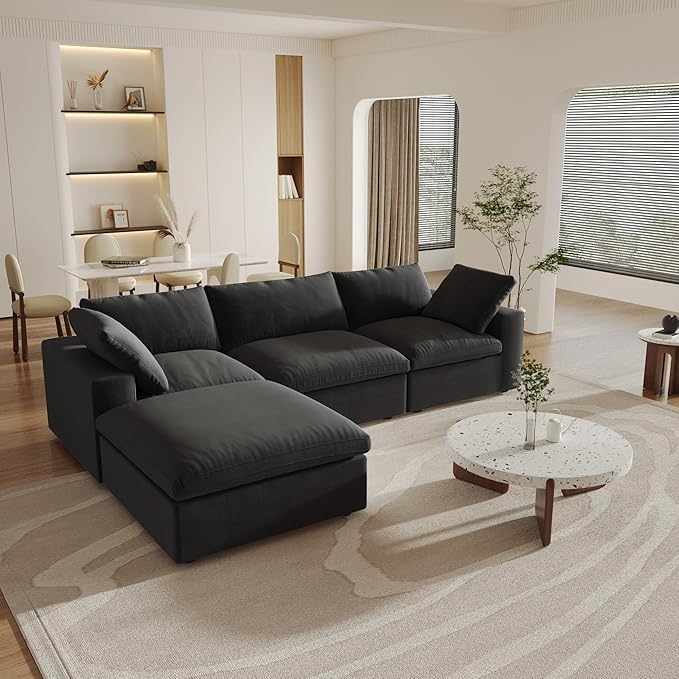 Cloud Modular Sectional Sofa with Storage Ottoman,120.45" L Shaped Couch for Living Room,Down Filled Convertible Couch Deep Seat for Office Apartment,Covers Washable&Replaceable (Black)