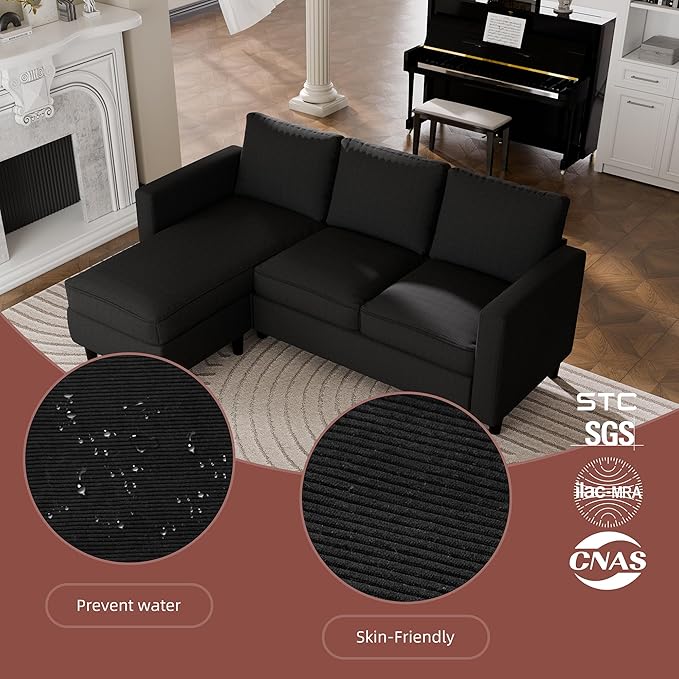 JAMFLY Sectional Sofa Couch Convertible L Shaped Sofas with Ottoman Small Sectional Couches for Living Room, 3 Seater Couch for Small Spaces, Black