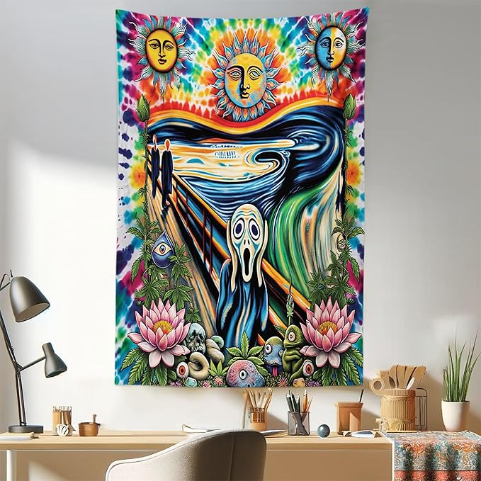 Ambesonne Trippy Tapestry, Tie Dye Effect Esoteric Sun Moon Psychedelic the Scream Interpretation with Flowers, Fabric Wall Hanging Decor for Bedroom Living Room Dorm, 30" x 45", Multicolor
