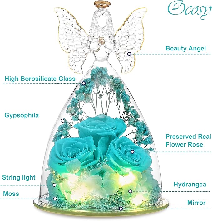 Ocosy Mothers Day Rose Gifts for her, Large Angel Rose Gifts for Women, Forever Real Roses in Angel Figurines, Angel Guardian with Roses Flower, Aqua Blue