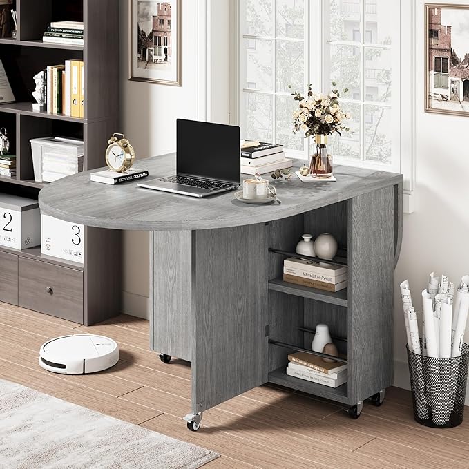 Folding Dining Table for 4 Kitchen Dining Room DinnerTable with Storage Drawer Space Saving Oval Foldable Drop Leaf Gateleg Furniture for Small Space (Grey, 51 * 31.5 * 30)