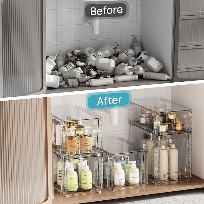 Vtopmart 3 Pack Clear Stackable Storage Drawers,Easy to Assemble Bathroom Organizers and Storage with handles,Plastic Drawers for Kitchen Pantry,Cabinet,Under Sink Organization