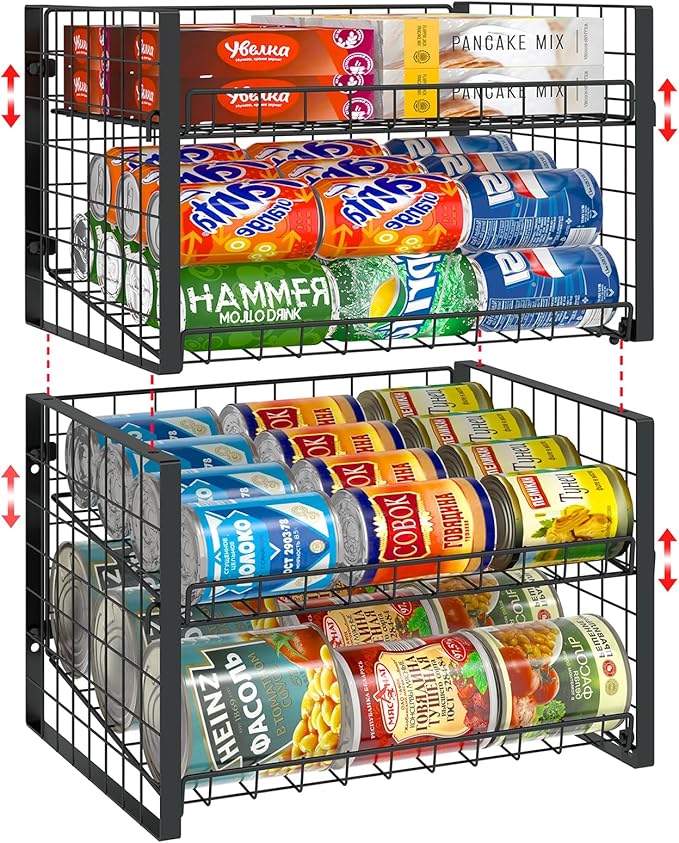 JKsmart 2-Tier Stackable Can Rack Organizer for Pantry, Adjustable Can Dispenser Holds Up to 60 Cans, Can Storage Holder for Various Ounces of Canned Food Soda Drinks, Black, 2 Pack