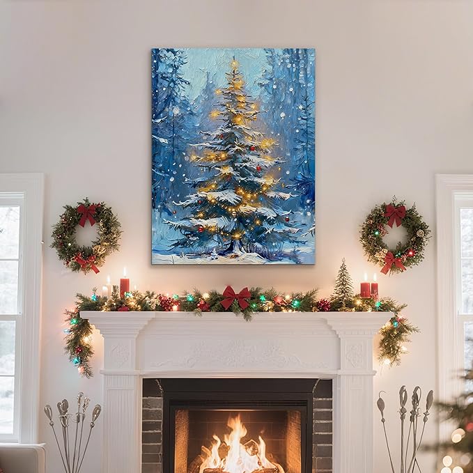 Framed Christmas Pictures Wall Decor,Vintage Pine Tree Prints,Winter Christmas Canvas Wall Art Decoration for Bedroom Bathroom Living Room Rustic Xmas Holiday Gifts (Christmas Tree 1, 11'' X 14'')