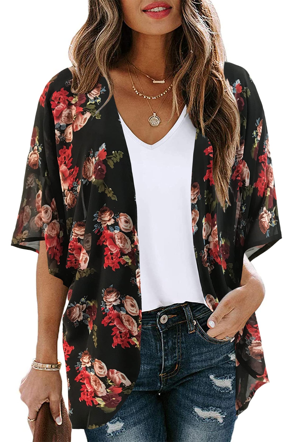 Women's Floral Print Puff Sleeve Kimono Cardigan Loose Cover Up Casual Blouse Tops(BLACK M)
