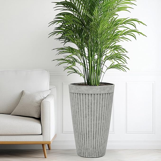 20" Tall Planters Set of 2, High-Density Resin Fluted Outdoor Pots for Plants, Versatile Indoor/Outdoor Flower Pots w/Drainage Holes for Patio, Garden, Porch & Living Room Decor, Ideal Gift