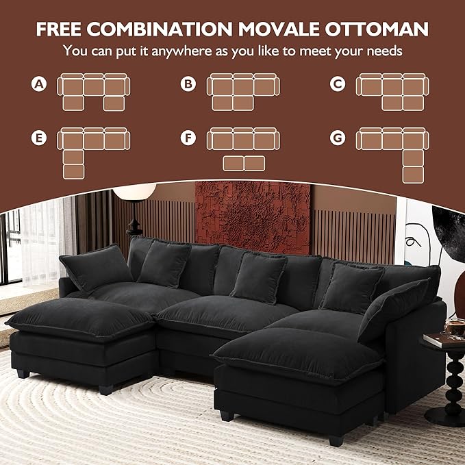 Ihanherry U-Shaped Modern Sofa 111.4" Modular Sectional Cloud Couch with 2 Ottoman, 5-Seat Chenille Deep Seat Sofa with 5 Pillows for Living Room, Black