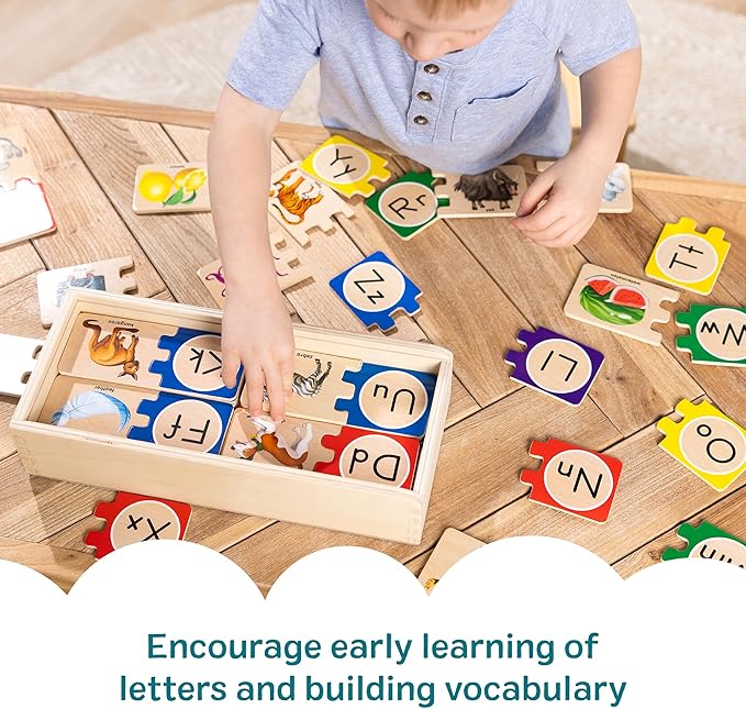 Melissa & Doug Self-Correcting Alphabet Puzzle (52 pcs) with Toy Storage Box, Wooden ABC Puzzles for Toddlers & Preschoolers, Montessori Learning Toys for Girls & Boys 4+