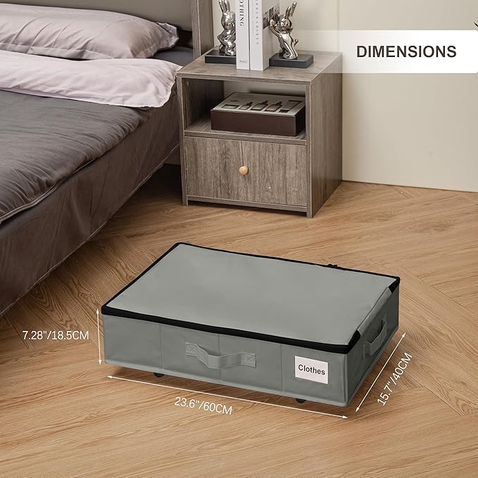Under Bed Storage with Wheels, 2 Pack Under Bed Storage Containers with Label Holders for Clothes, Shoes and Blankets, Rolling Underbed Shoe Organizer with Cover, Grey (23.6 x 15.7 x 7.28 in)