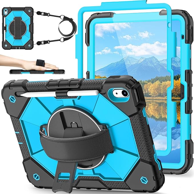 Nitupai Case for iPad 10th Generation 10.9 Inch 2022 / iPad A16 Case 11 Inch 2025 with Screen Protector 10th Gen Cover for Kids Pencil Holder 360° Rotating Stand Shoulder Strap Black Black