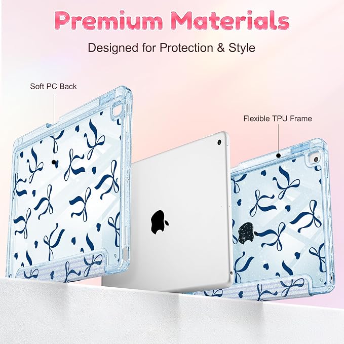Mektron Sparkly Case for iPad 10.2 inch Glitter Tablet Cases for iPad 9th Gen 2021/8th Gen 2020/7th Gen 2019 Cover with Shiny Clear Back Shell Foldable Bling Smart Cover Blue Floral