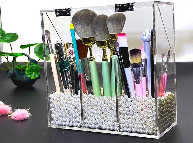 Acrylic Makeup Organizer,Clear Cosmetic Brush Storage Box With 3 Brush Holders,with Dust Cover, Large-capacity Split Design can Quickly Organize the Desktop (with3 bags of white pearls