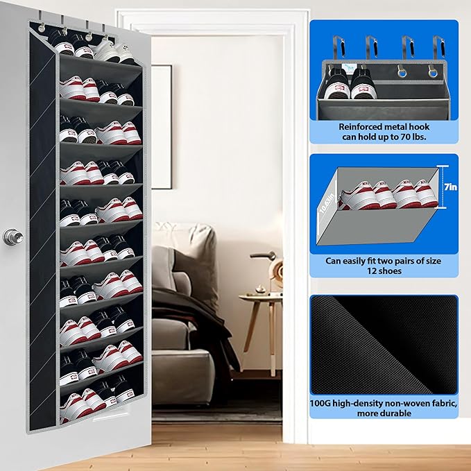 shoe organizer,70 Pounds Large Capacity,20-30-Pair over the door shoe organizer,10 Tiers shoe rack for closet,New upgrade Anti-scratch heavy duty hook and Bamboo material Baffle, Black/Grey