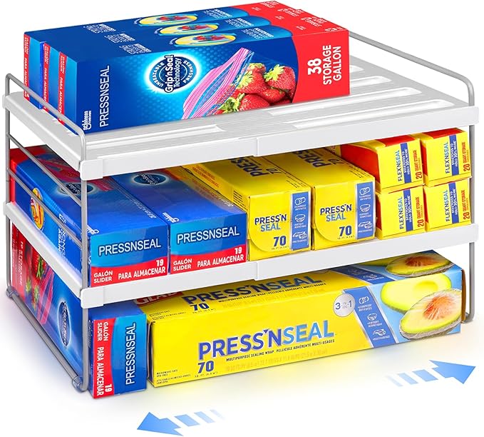 Cirhy Kitchen Wrap Organizer, Expandable Pantry Organizers and Storage, 3-Tier Foil and Plastic Wrap Organizer for Cabinet, Adjustable Shelf for Tin Foil, Ziplock Box, Saran Wrap (9.8-15.6")