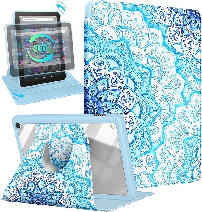 Kidcube for Amazon Kindle Fire 7 Tablet Case 12th Generation 2022 Release for Women Girls Boys Cute Folio Cover Sun Moon Star Design Rotating Stand with Auto Wake/Sleep Teen for Kindle Fire 7 Cases 7