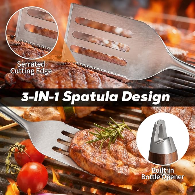 ENLOY Heavy-Duty Rose Wooden Barbecue Grilling Tools Set, Stainless Steel
