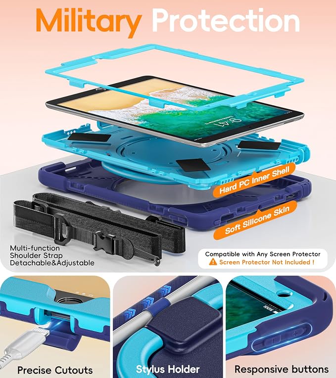 BATYUE Shockproof Case for iPad Air 3rd Gen 2019 &amp iPad Pro 10.5 2017 | with 360° Rotating Stand &amp Pencil Holder &amp Shoulder Strapfor Daily Use &amp Office/School/Outdoor - Navy Blue