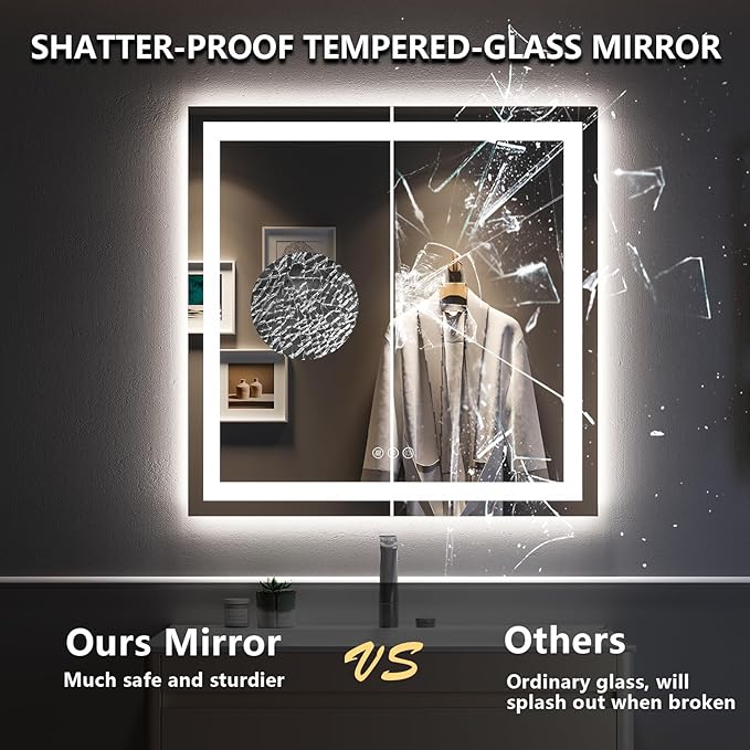 YEELAIT 36x36 Inch LED Bathroom Mirror with Lights Front and Backlit Lighted Vanity Mirror for Bathroom Wall with 3 Colors Dimmable Anti-Fog Memory Shatter-Proof IP54 Waterproof Horizontal/Vertical