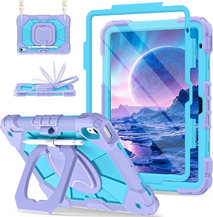 Case for iPad (A16) 11th Generation 11 Inch (2025), iPad 10th Generation Case 10.9 Inch (2022), Shockproof Cover with 360° Rotating Stand Screen Protector Pen Holder Shoulder Strap, Purple Blue