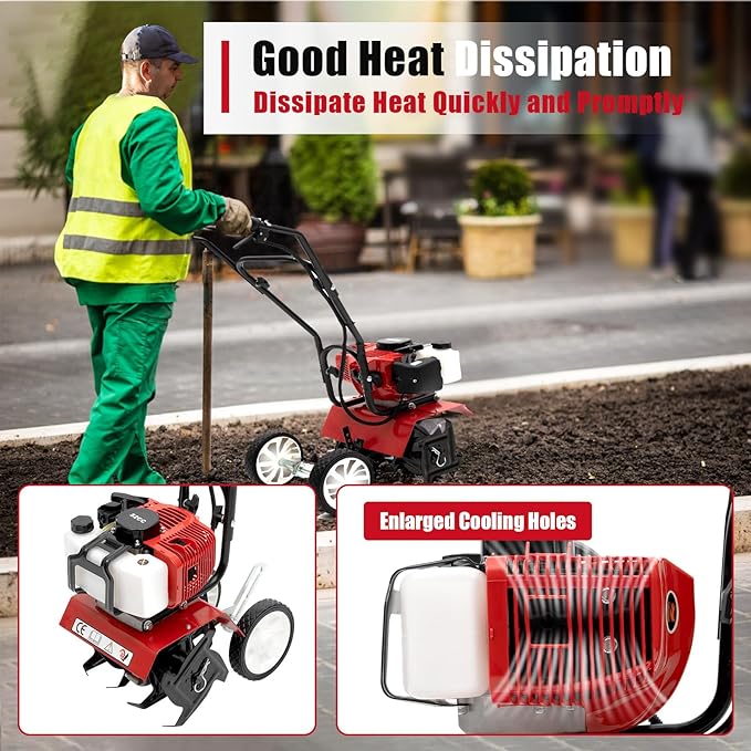 Mini Tiller Cultivator, Powerful 52cc Two-Stroke Single-Cylinder Gasoline Engine, Gear Drive Transmission, Height Adjustable Wheels, for Gardening RED