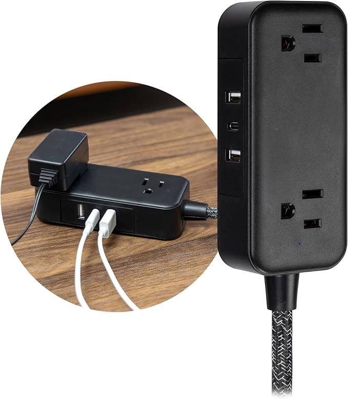 GE Flat Plug Power Strip Extension Cord with USB Ports, Travel Power Strip with 2 Outlets 3 USB Ports, Cruise Ship Essentials, 6 Ft Braided Small Extension Cord Flat Wall Plug, ETL Listed Black, 82586
