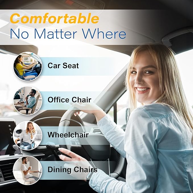 Car Seat Cushion: Ergonomic Memory Foam Car Cushion for Sciatica Pain Relief, Larger Driving Seat Pillow for Short Drivers on Long Drives - Butt Pillow for Truck, Office, Wheelchair - Beige