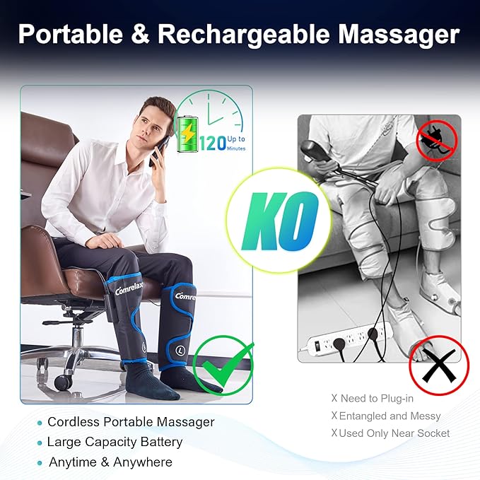 comrelax Rechargeable Leg Massager with Heat for Circulation Air Compression Pain Relief Calf Foot Massager Electric Machine Massage Handheld Controller 3 Intensities 3 Modes