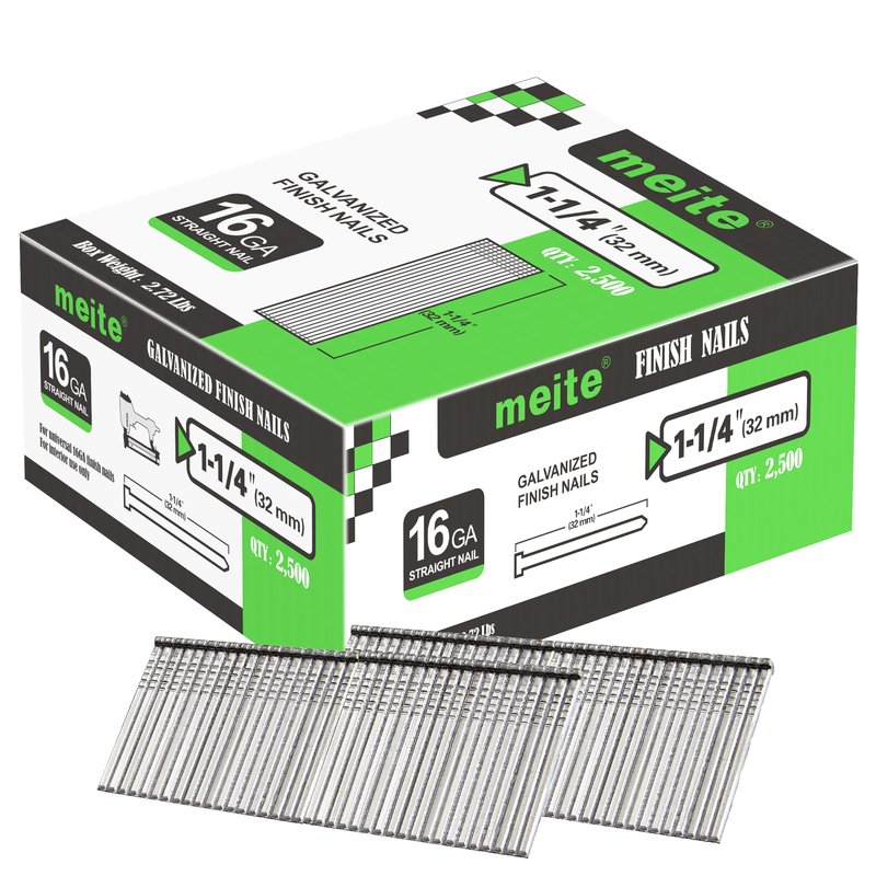 meite 16 Gauge Finish Nails 1-1/4 Inch Galvanized Straight Finishing Nails for Finish Nailer Gun Window Casing Baseboard Crown Molding, 5 Boxes/12,500PCS