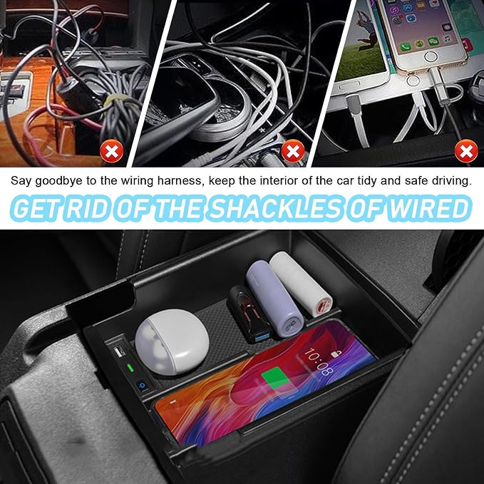 Wireless Car Charger for Ford Bronco (2021-2024) Wireless Charging Center Console Tray Interior Accessories 10w Wireless and USB Qc3.0 Fast Charging