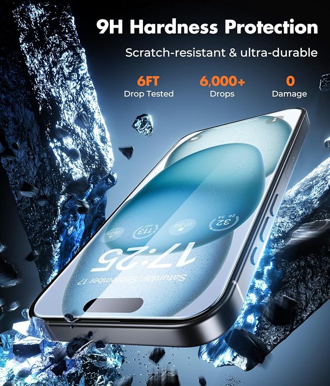 UNBREAKcable iPhone 15 Screen Protector 3-Pack Upgraded Dual-Tempered Glass + 3 Camera Lens Protectors Military-Grade 9H Hardness HD Clarity Anti-Fingerprint Case Friendly 6.1 Inch | Upgraded Du