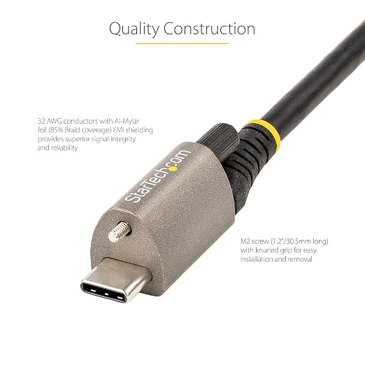 StarTech 20in/50cm Side Screw Locking USB-C Cable USB 10Gbps 100W PD | USB-C to USB-C 8K 60Hz/4K 144Hz Thunderbolt 3 Compatible M2 Screw TPE Jacket