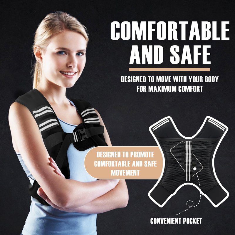 NATURELUX Weighted Vest with Reflective Stripe and Adjustable Buckle Straps, Black, 5 lbs