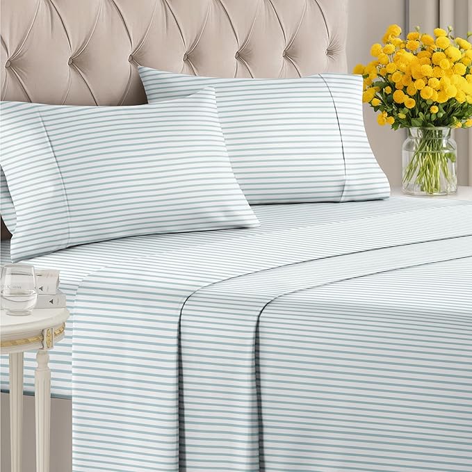 Striped Sheets - Blue & White Striped Sheets - 1 Flat & 1 Fitted & 2 Pillowcases w/ Deep Pockets – Wrinkle & Fade Free - Soft, Breathable and Cooling - Luxury Pinstripe Bedding - Full Size Bed Set