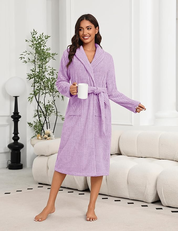 Ekouaer Women's Robe Plush Soft Long Bathrobe Cozy Warm Shawl Collar Spa Robe with Pockets