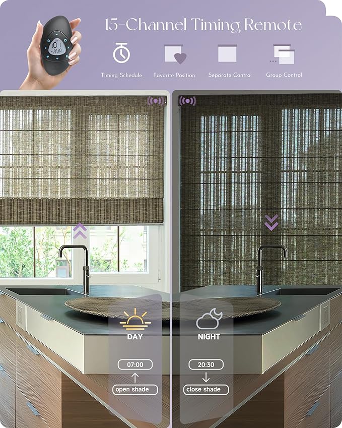 Graywind Smart Natural Roman Shades Compatible with Alexa Google Rechargeable Light Filtering Motorized Blinds with Remote Plain Fold for Doors Bedroom, Custom Size (Strip Brown)