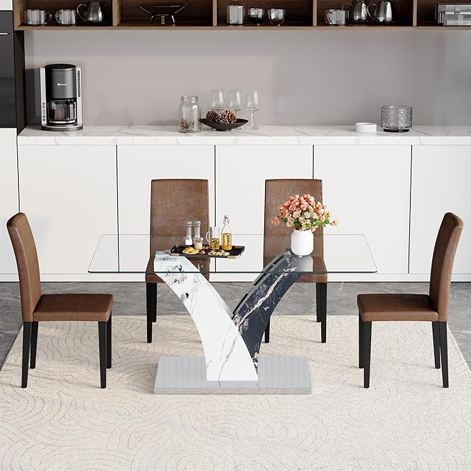 Glass Dining Table Set for 4, 63” Kitchen Table Set for 4, Modern Dining Room Table Set with Upholstered Chairs, Tempered Glass Tabletop with Y Shape Base