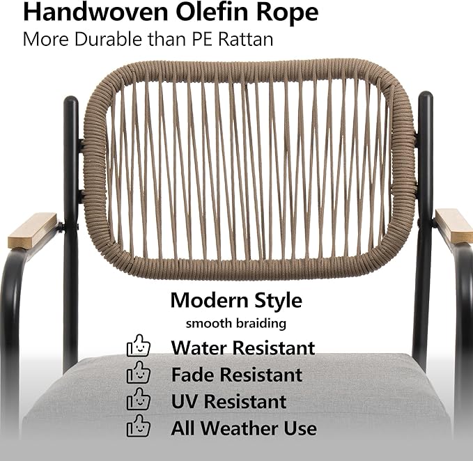 Outdoor Dining Chairs Set of 2, Wicker Patio Dining Chairs with Removable Cushions, Rectangle Patio Table Chair, All Weather Outdoor Chairs, Metal Lawn Chair for Adults/Indoor/Balcony, Gray