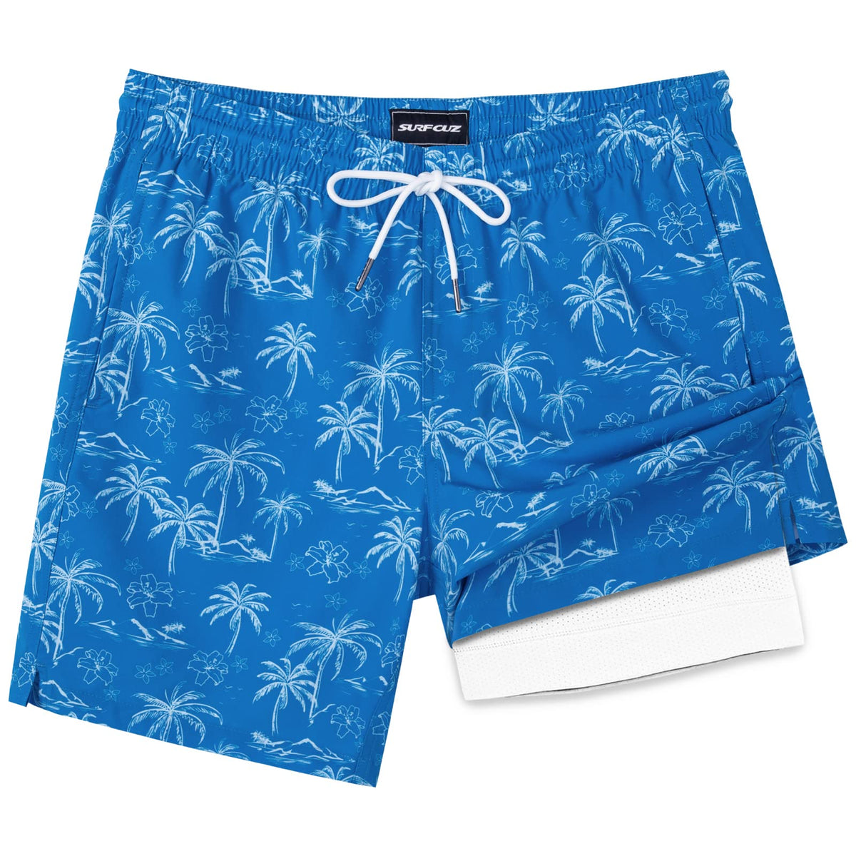 SURF CUZ Mens Swim Trunks with Compression Liner Quick Dry Swim Shorts 7" Swimming Trunks Stretch Zipper Pockets Blue Palm Island X-Large