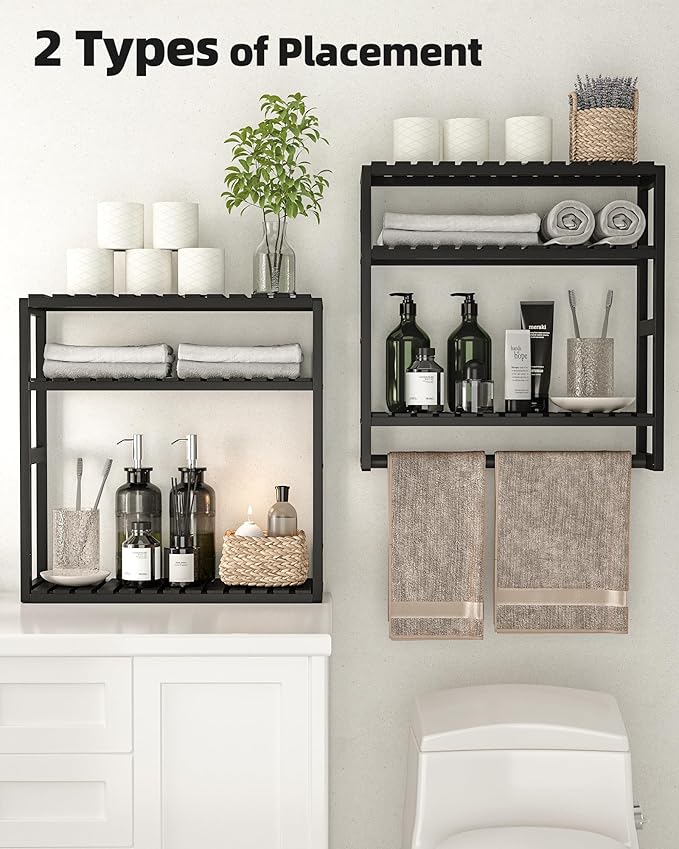 Galood Over The Toilet Storage Bathroom Shelves Wall Mounted 3 Tier Space Saver Corner Shelf Organizer Bamboo Towel Rack Toilet Paper Cabinet with Hanging Rod Black