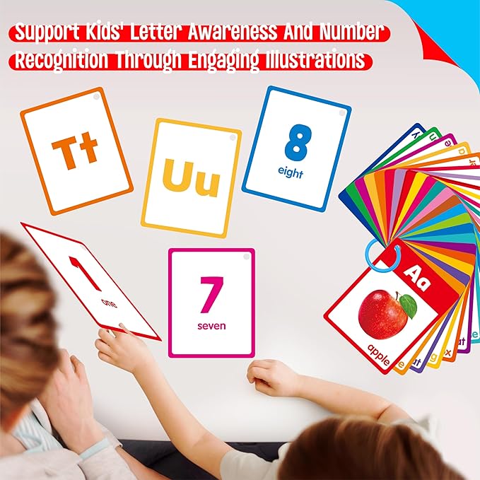 Alphabet & Number Flashcards, 36 Double-Sided Cards Uppercase & Lowercase Letter Cards, ABC, 123 & First Words Learning Cards for Preschool and Toddlers Learning (1 Reclosable Rings Attached)