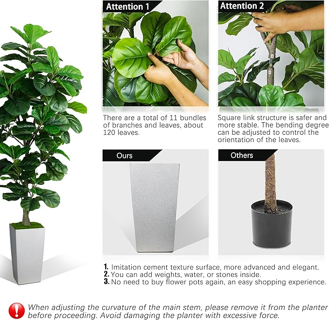 Artificial Fiddle Leaf Fig Tree 6ft, 6 Feet Large Tall Fake Plants Indoor with Modern Style Planter, Artificial Silk Tree for Home Office Living Room Decor Indoor, More Lifelike & Lush (White)