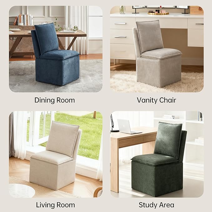 VKNOW Upholstered Dining Chairs, Modern Rolling Chairs with Storage and Wheels, Linen Armless Chair with Cushion and Backrest, Dining Room Chairs for Living Room Kitchen Bedroom, Light Grey