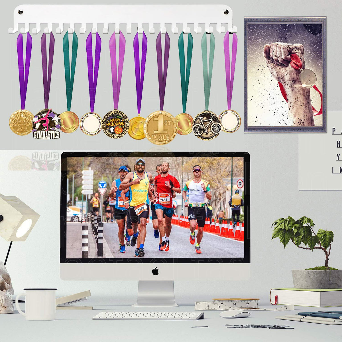Lapetale Fashion White Medal Hanger Holder Display Rack,Race bib Medal Display with 20 Simple Hooks, Race Medal Display Holder,Hanger for Medals