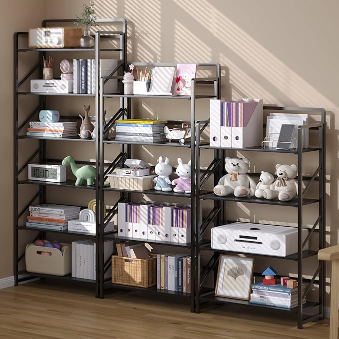 JSB No Assembly Folding Bookshelf, 5 Tier Industrial Metal Book Shelf for Storage, Vintage Wood Foldable Bookcase for Living Room, Bedroom, Office Organization Shelves