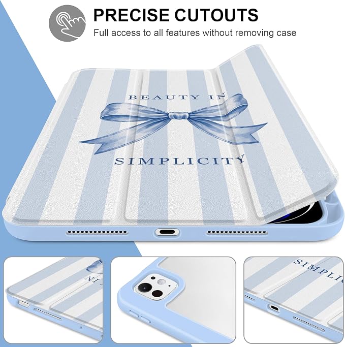 Case for iPad Pro 11 inch M5 2025 /M4 2024 Blue Ribbon Stripe | Blue Ribbon Stripe Folio Case with Clear Back Pencil Holder Trifold Stand and Auto Sleep/Wake for Preppy Aesthetic Users