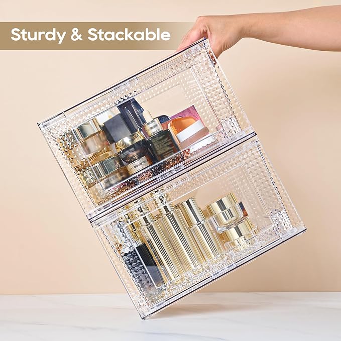 JollyPack 2 Pack Clear Stackable Storage Drawers, Easy to Assemble Multi-Use Bathroom Organizers and Storage, Suitable for Vanity, Bathroom, Makeup, Under Sink, Office, Kitchen and Pantry