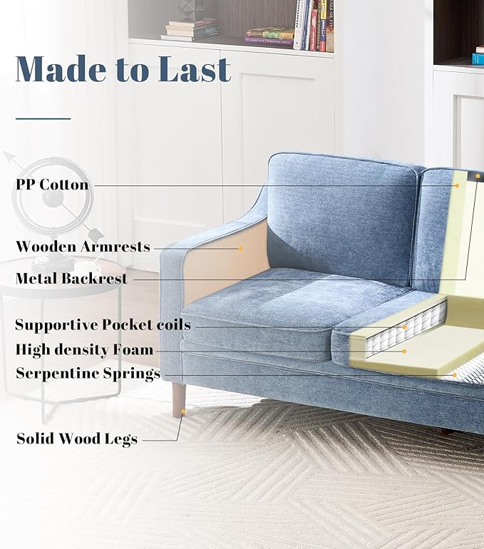 Kingfun Living Room Furniture Sets, Armchair and 2 Loveseat, Mid Century Modern Sofa Set, Chenille Couch with Solid Wood Frame for Living Room & Bedroom, Light Blue